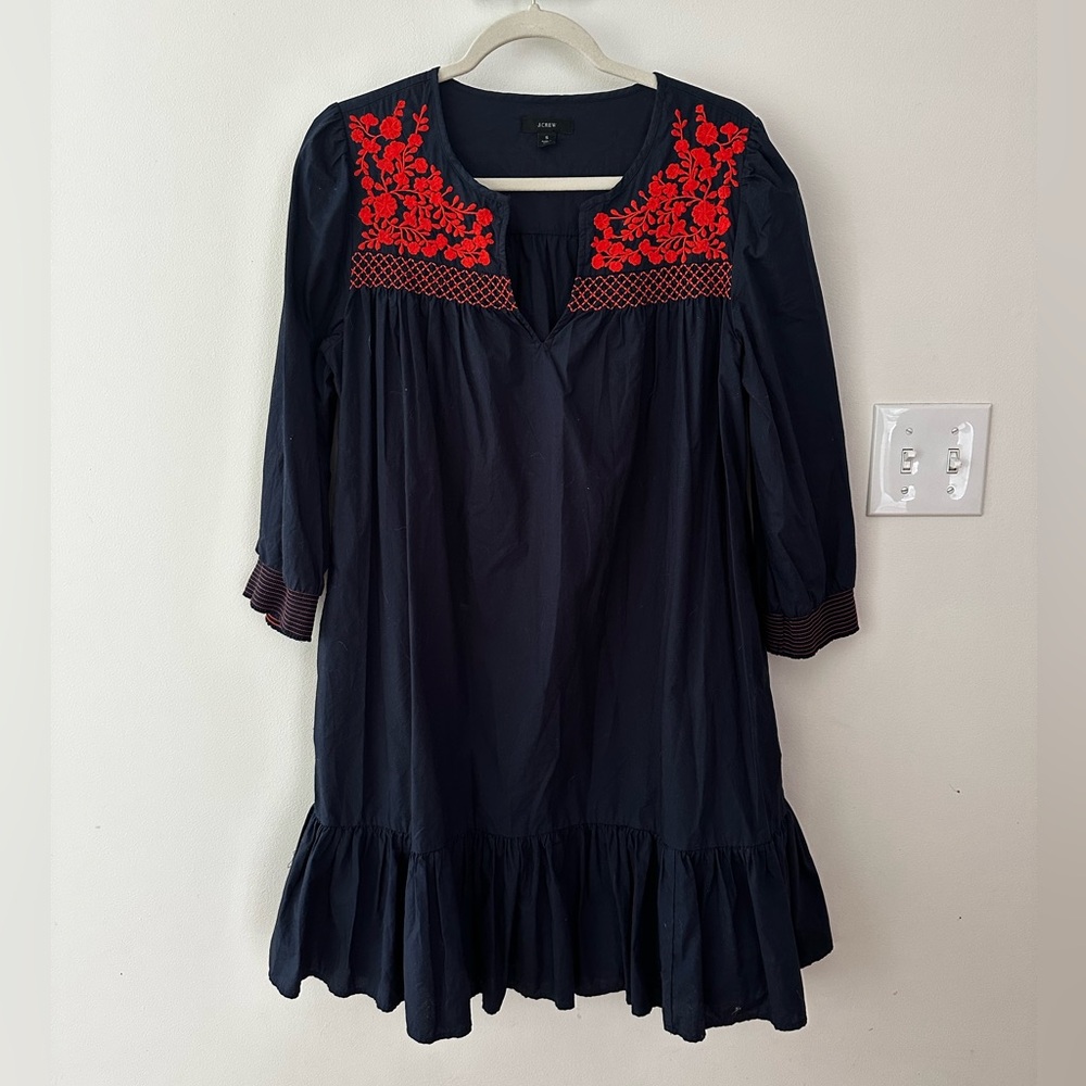 J. Crew Navy Lined Dress with Red Embroidery Detail